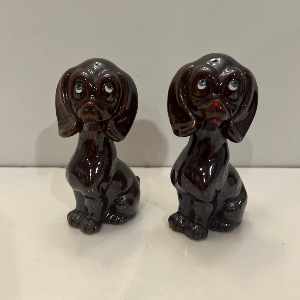 2 Vintage Brown Puppy Dog Figurine Japan 5 1/2" Tall